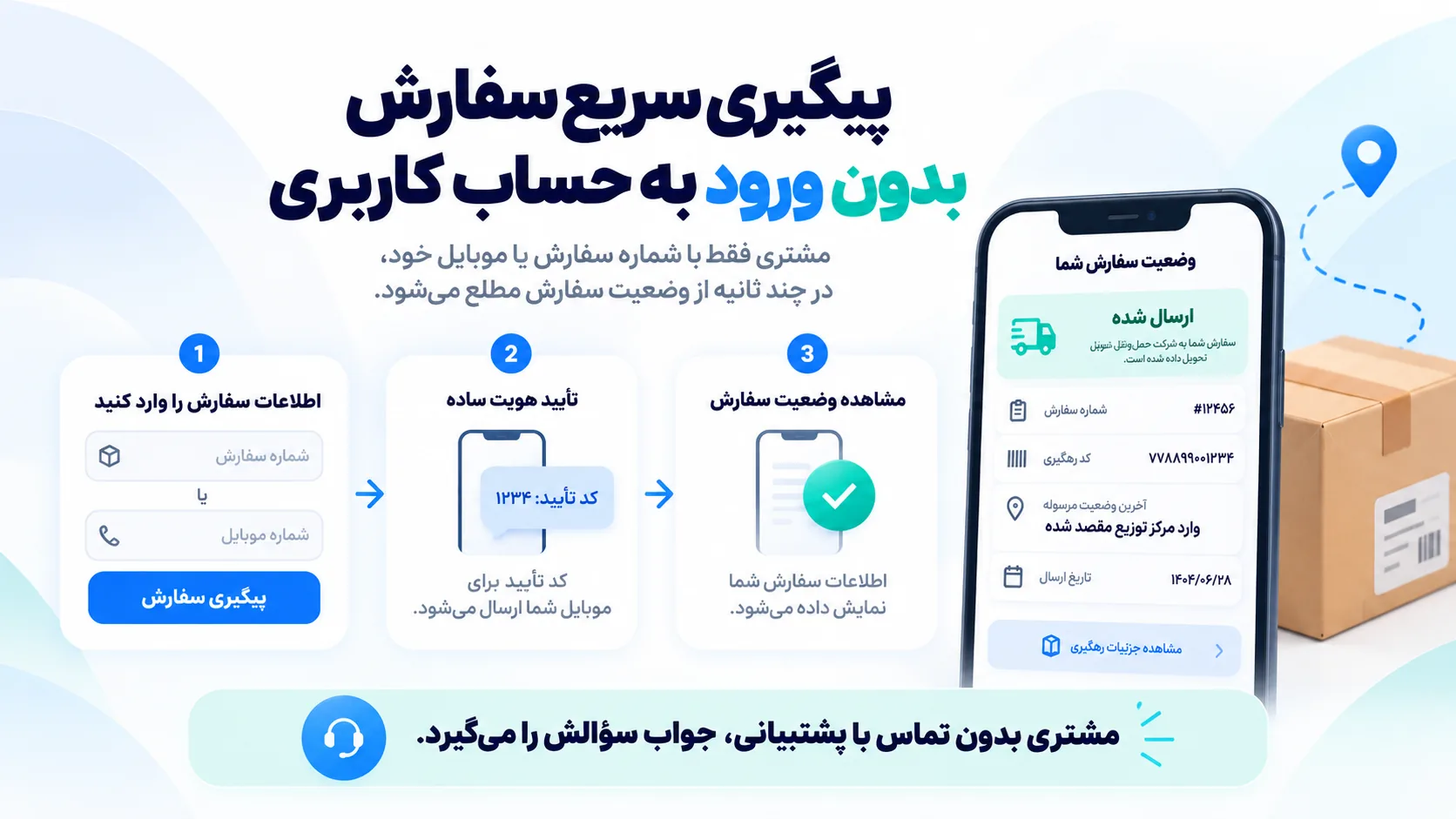 پیگیری سریع سفارش بدون ورود به حساب کاربری با شماره سفارش یا موبایل و نمایش وضعیت مرسوله
